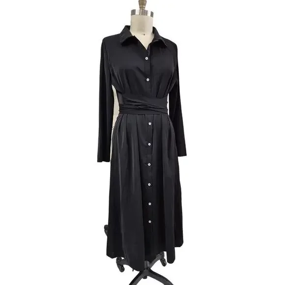 NWT Bebreez Chic 100% Polyester Shirt Dress Sash Tie Waist Black Sz L - Picture 1 of 7